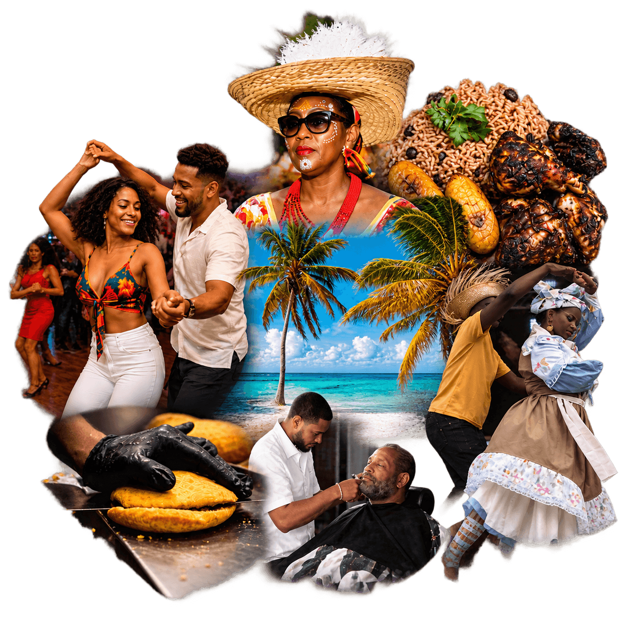 Een collage van het Caribische leven: dansende stellen, een vrouw met strohoed en feestkleding, een strand met palmen, lokaal eten, een kapperszaak en volksdansers.